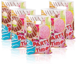 Detail of donut-patterned party gift bags with die-cut handles and Party Time text