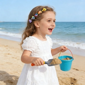 Girl wearing a colorful octopus hair clip at the beach with a scenic ocean background