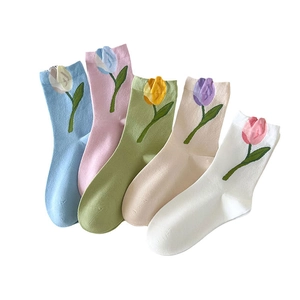 5-pack pastel cotton crew socks with tulip patterns in blue, pink, and cream