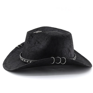 Détail d'un chapeau de cowboy noir avec texture craquelée et anneaux métalliques argentés