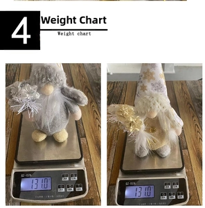 Detail view of a handmade Christmas gnome plush doll on a scale weighing 131 grams.