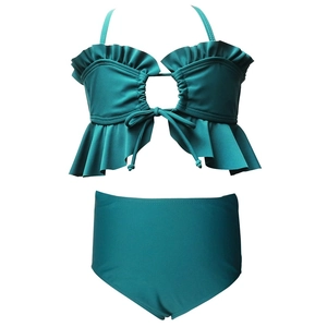 Bikini deux pièces vert paon avec volants et culotte taille haute pour femmes