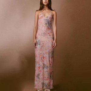 Sexy double-layered mesh midi dress with pink paisley print and deep V halter neck