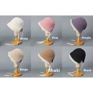 Detailed showcase of hollow knitted straw sun hats with lace straps in six colors.