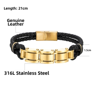 Close-up of 21cm black leather braided bracelet with 316L stainless steel gold magnetic clasp