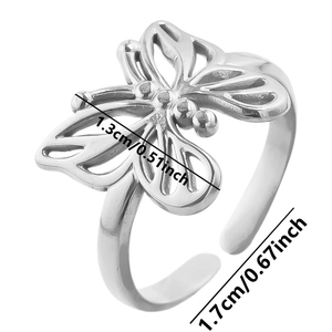 Detailed view of silver butterfly ring with adjustable band and size measurements