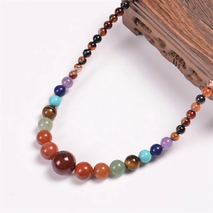 Detailed top view of bohemian 6mm natural colorful stone and quartz beaded necklace