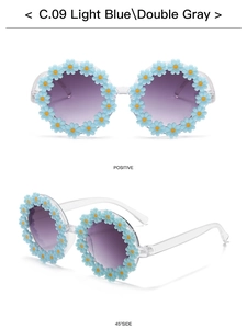 Detail view of light blue daisy flower sunglasses with double gray gradient lenses