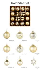 Detail view of champagne gold Christmas ball set with assorted textures and star ornament
