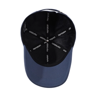 Internal view of grey-blue cotton baseball cap with narason sweatband and reinforced stitching