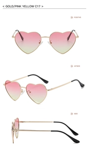 Detailed views of gold metal heart sunglasses with pink to yellow gradient lenses