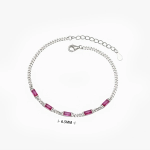 Detailed close-up showing 6.5mm rectangular rose pink stones set in silver chain bracelet