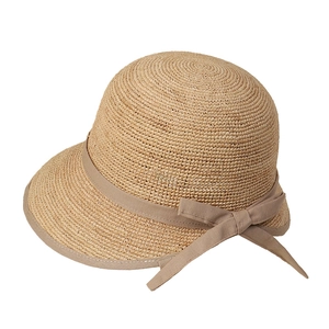 Elegant raffia straw hat with bow trim and split back design for women in khaki