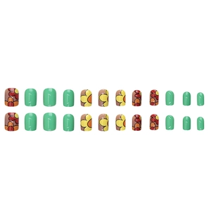 Short round press-on nails with green floral patterns and 24 piece set for daily wear