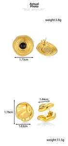 Detailed view of golden concentric circle and organic lava drop earrings with measurements