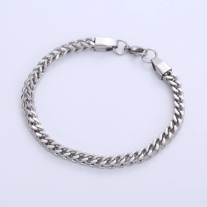 Polished silver stainless steel 5mm Franco chain bracelet with lobster clasp on white background