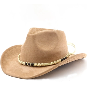 Western Cowboy Hat Suede Polyester Wide Brim Vintage Ethnic Style Wood Beaded Band For Outdoor Travel Men Women