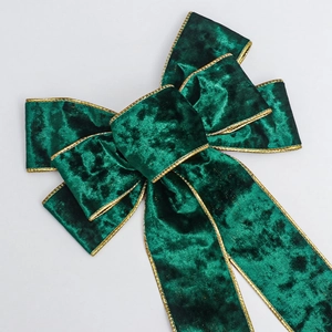 Dark green velvet Christmas bow with gold edge trim for holiday party wall tree decoration