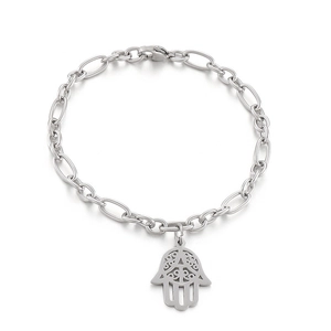 Silver stainless steel Hamsa hand bracelet with flat oval chain and lobster clasp
