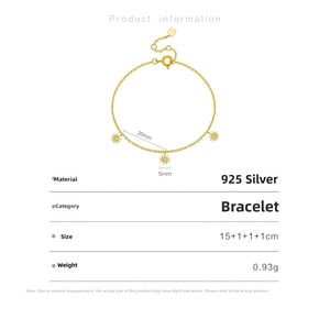 Detailed view of S925 sterling silver sunflower bracelet with zircon and size specifications