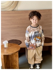 Close-up of a cute plush bear shaped crossbody bag for children in brown color