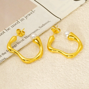 Irregular Wave C-Shaped Hoop Earrings 18K Gold Plated Stainless Steel With Artificial Pearl For Women Elegant Ins Style