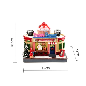 Detailed dimensions of a colorful Christmas ice cream shop music box with dimensions shown