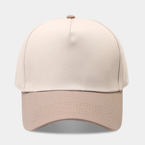Front view of a 5-panel baseball cap with beige crown and tan brim details