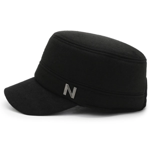 Men's winter cadet cap in black thickened fabric with side metal letter decoration