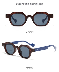 Detailed front and side views of polygon sunglasses with leopard blue frames and rivets