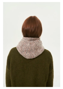 Detail of multi-color speckled knit balaclava neck warmer in a thick textured weave