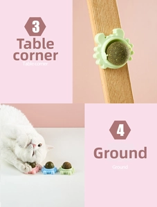 Rotating crab-shaped catnip balls mounted on wooden furniture for playful cat interaction
