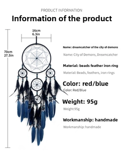 Spécifications de taille pour attrape-rêves bohème fait main avec plumes noires et bleues