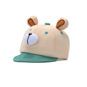 Cute beige baby baseball cap with 3D bear ears and a contrast green brim for sun protection