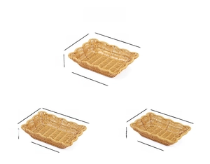 Detailed size dimensions of rectangular woven fruit baskets in three different variations