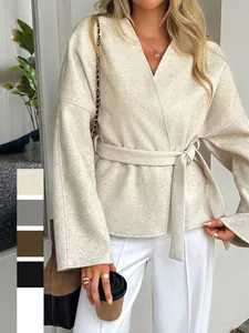 Women Long Sleeve Wrap Blazer Jacket With Belt Solid Color Casual V Neck Polyester Outerwear