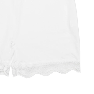 Detail shot of white lace trim hem on a bodysuit with smooth knit fabric texture