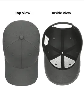 Top and interior view of a dark grey cotton baseball cap showing seams and sweatband