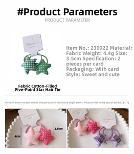 Close-up of padded fabric star hair ties featuring plaid and polka dot patterns