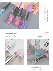Detail of lipstick-shaped gel pens featuring dynamic liquid glitter and star sequins
