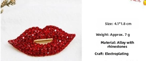 Detail view of red rhinestone lips brooch showing dimensions 4.1cm x 1.8cm and weight 7g