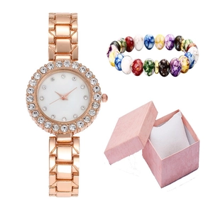 Luxury rose gold rhinestone watch and floral bead bracelet set in a pink gift box
