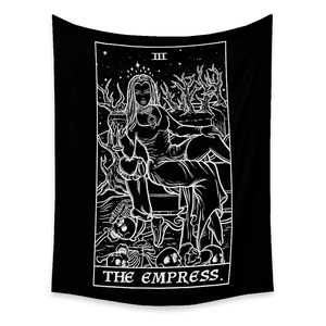 Close-up of The Empress tarot card tapestry featuring gothic black and white design