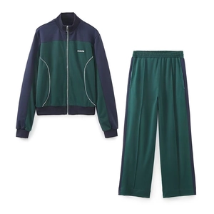 Survêtement Femme Bloc De Couleur Veste À Fermeture Éclair Et Pantalon Large Polyester Tenues Décontractées Sport