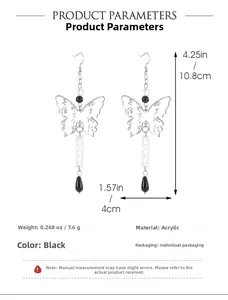Detailed size specifications of black long butterfly drop earrings in acrylic material