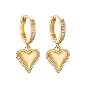Gold-plated heart drop earrings with small crystal stones on polished hoop earrings