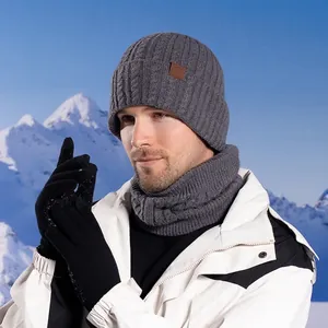 Men Winter Beanie Hat Neck Warmer Gloves Thick Fleece Lined Knitted Warm Windproof Outdoor Sports Cycling Skiing Acrylic