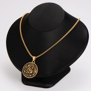 Vintage golden Saint George dragon slayer embossed pendant on a sturdy box chain necklace