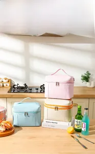 Detailed view of pink, blue, and beige insulated lunch bags with durable top handles