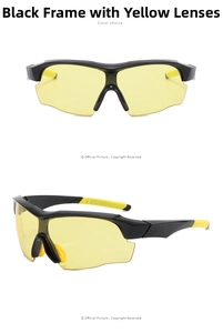 Detail of sports cycling sunglasses with black frame and contrast-enhancing yellow lenses